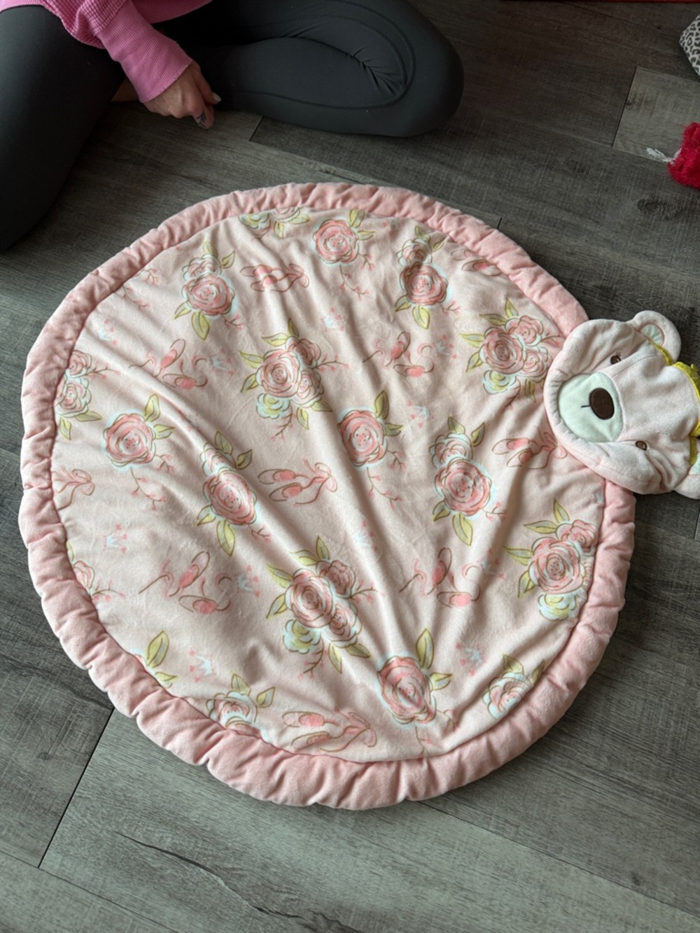 Plush Pink Floral Round Baby Play Mat with Animal Head